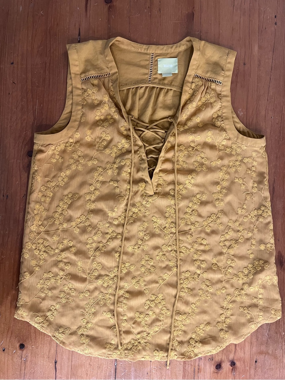 Anthropologie Maeve Mustard Gold Sleeveless Floral Embroidered Lace Up Blouse